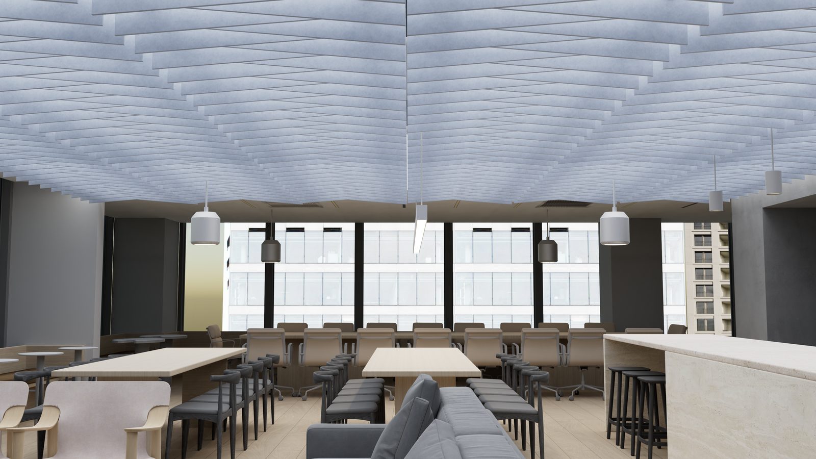 Public hall with suspended acoustic ceiling