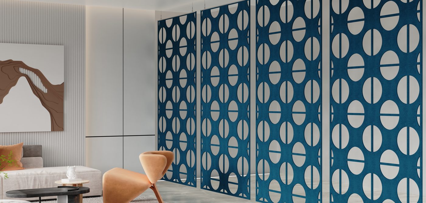 Blue circular baffles in a double-height space