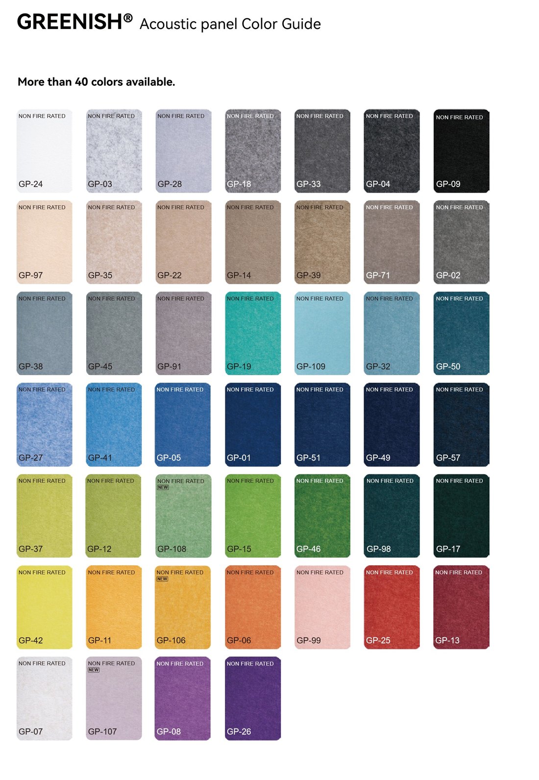GREENISH acoustic panel colour guide with GP colour references