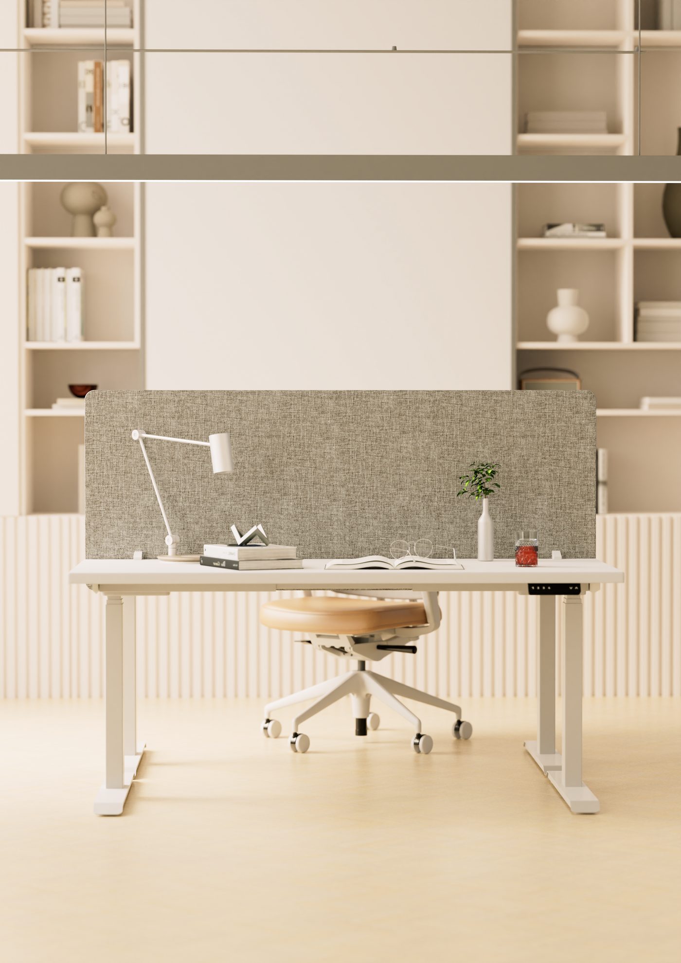 Fabric-wrapped desk screens in an office