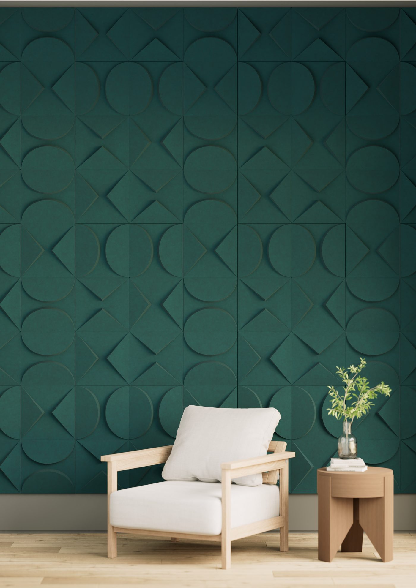 Deep-green 3D thermoformed PET wall panels in a lounge